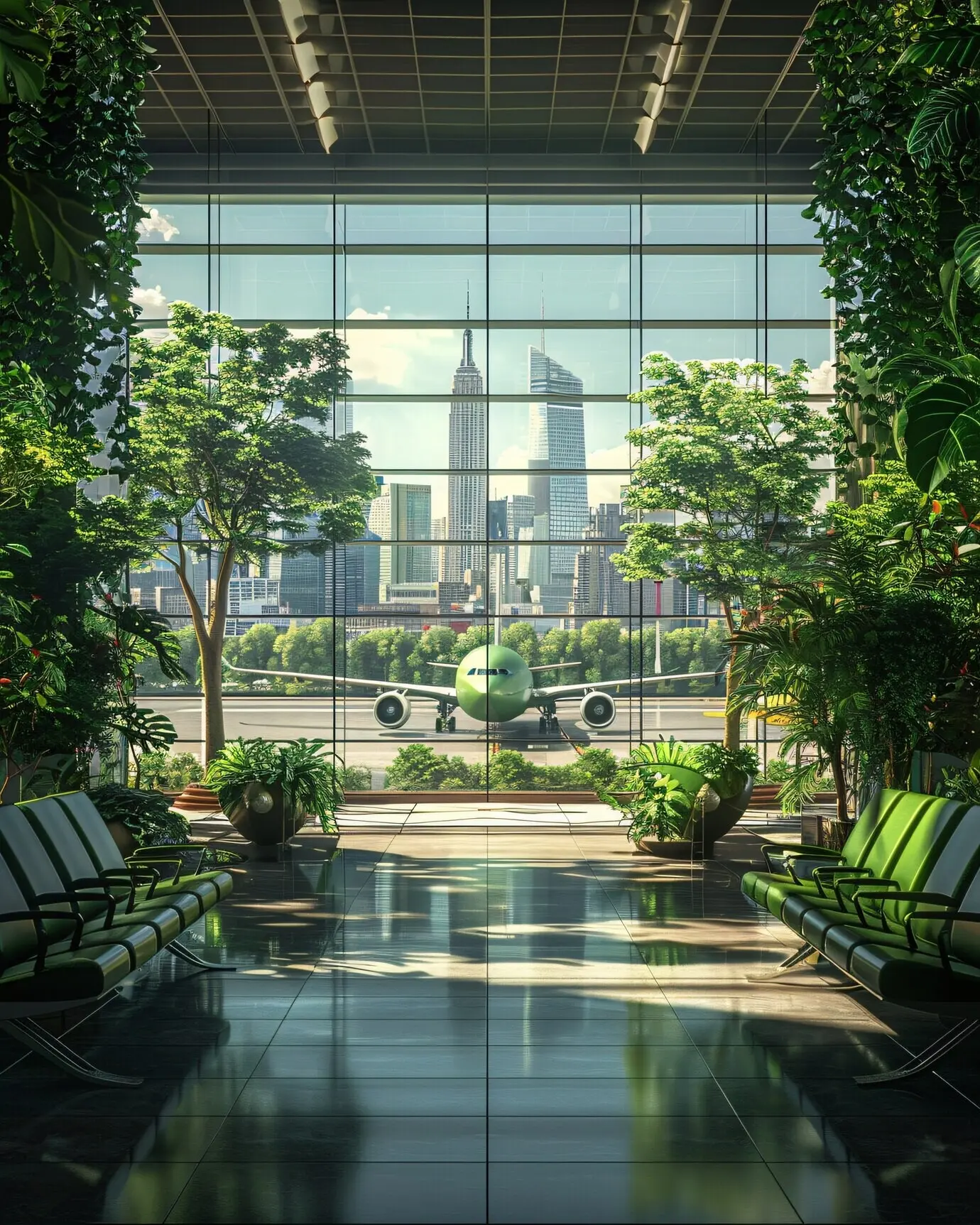 Ein grünes Flugzeug in einer umweltfreundlichen Umgebung.