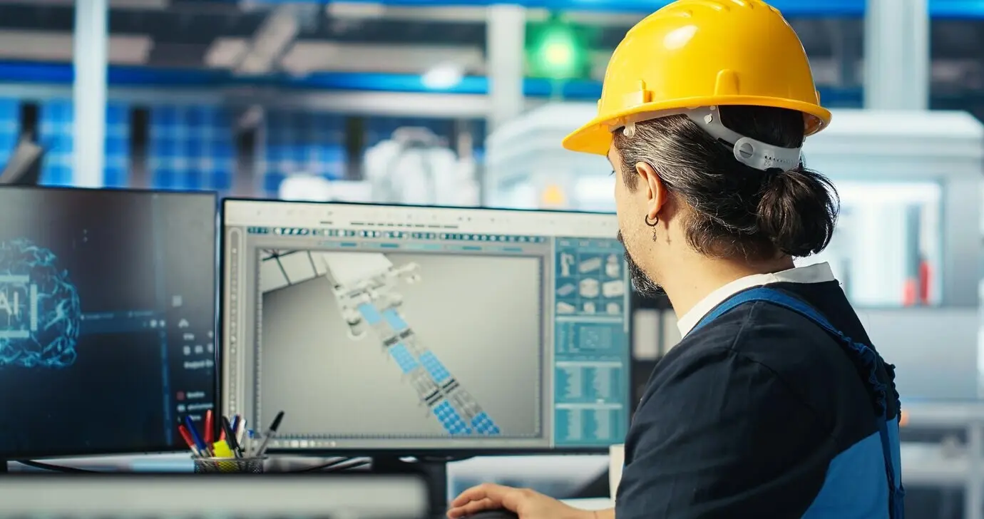 Ein Ingenieur in einer Photovoltaikfabrik setzt künstliche Intelligenz ein, um die Leistung von Roboterarmen zu überwachen.